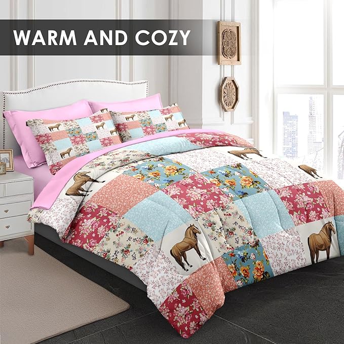 Comforter Set Queen Size, Horse Pink Animal 7 Pcs Bedding for Kids and Adults, Farmhouse Bed Sheet Sets with Fitted Sheet 2 Pillowcases & 2 Shams for Bedroom Bed Decor