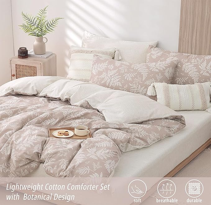 Natural Cotton 3pcs Botanical Comforter Sets Queen Size-Dusty Pink Comforter with Luxurious White Leaves & Branches, Reversible Lightweight Beige Bedding Sets(Full/Queen)