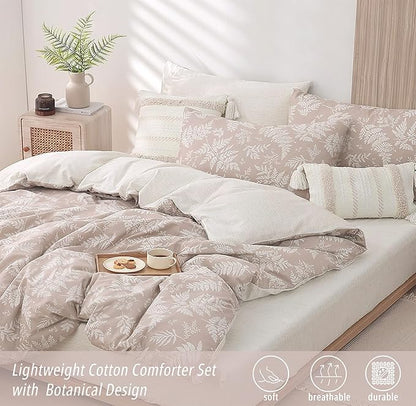 Natural Cotton 3pcs Botanical Comforter Sets Queen Size-Dusty Pink Comforter with Luxurious White Leaves & Branches, Reversible Lightweight Beige Bedding Sets(Full/Queen)