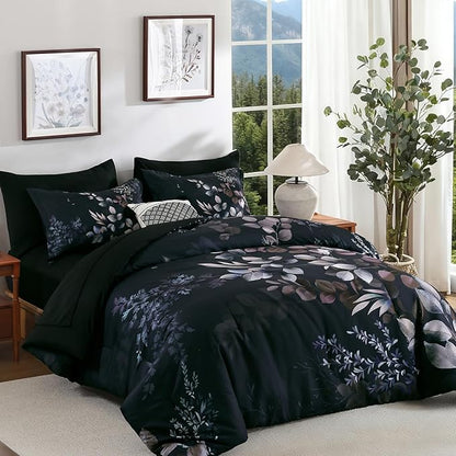 Xruibed Black Comforter Set King Size 7 Pieces Bed in a Bag, Botanical Floral Print Bed Sets, Elegant Flower Comforter with Sheet Set, Soft Microfiber Bedding Set for All Season (Black, 104"x90")