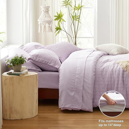 Love's cabin Seersucker Lavender Twin XL Comforter Set, 5-Piece All Season Lightweight Bed in a Bag Bedding Set with Comforter, Flat Sheet, Fitted Sheet, Pillowcase and Sham | Soft, Breathable, Lightweight