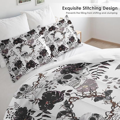 Comforter Set King Size, Vintage Soft 3 Pcs Bedding for Kids and Adults, Skeleton Flower Dead Tree Comforter Set with Pillowcase, for Bedroom Bed Decor
