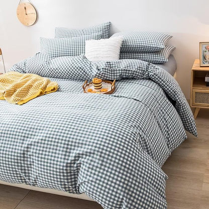 mixinni Blue Gingham Comforter Set Twin XL, Plaid Comforter Set 3 Pieces 1 Blue Grid Comfoter with 2 Pillow Cases for All Seasons, Soft Fluffy Modern Grid Pattern Printed Bedding-Twin XL Size