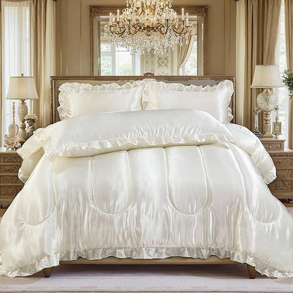 Satin King Comforter Silk Like Bedding 4 Pcs Hotel Soft Polyester White Bed Set Luxury Silky Body Pillow Cover Ruffle Home Decor