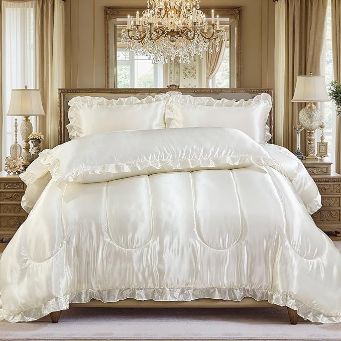 Satin Queen Comforter Silk Like Bedding 4 Pcs Hotel Soft Polyester White Bed Set Luxury Silky Body Pillow Cover Ruffle Home Decor