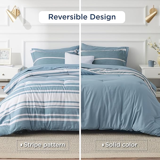 Bedsure Queen Comforter Set 7 Pieces, Grey Blue Striped Bedding Set for All Seasons, Reversible, Cationic Dyeing Bed in a Bag with Comforter, Sheets, Pillowcases & Shams