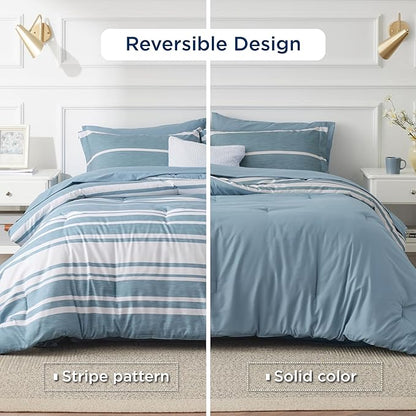 Bedsure King Comforter Set 7 Pieces, Grey Blue Striped Bedding Set for All Seasons, Reversible, Cationic Dyeing Bed in a Bag with Comforter, Sheets, Pillowcases & Shams