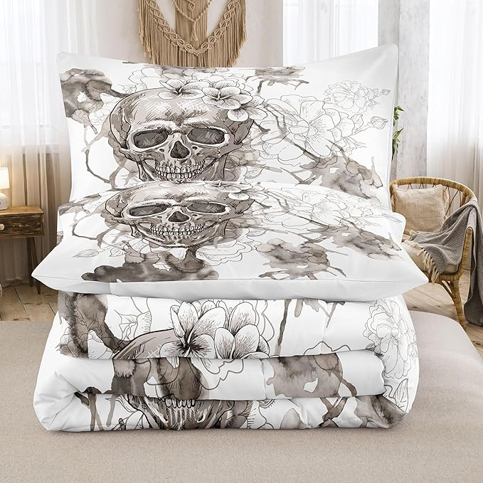 Tailor Shop Skull Comforter Set King Size, Gothic Fog Smoke Skull Skeleton Comforter Sets,Halloween Bedding Set, Grey Bedding Comforters for Young Man Boy Teens, with 1 Comforter 2 Pillowcases…