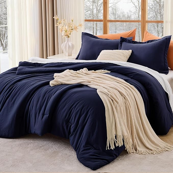 MUXHOMO Oversized King Comforter Sets, All Season Ultra Soft Down Alternative Bedding - 3 Piece Lightweight Bed Set Includes 1 Comforter (120"x98") and 2 Pillow Shams (20"x36"), Navy Blue