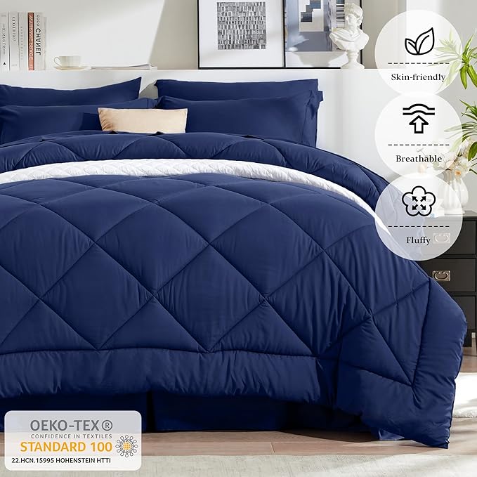 Newspin Full Comforter Set Blue - Bed in a Bag Full Size 8 Pieces, All Season Bed Set, Fluffy Comforter Set with Sheets, Sheet Set Quilt Blanket, Pillowcases & Shams & Bed Skirt