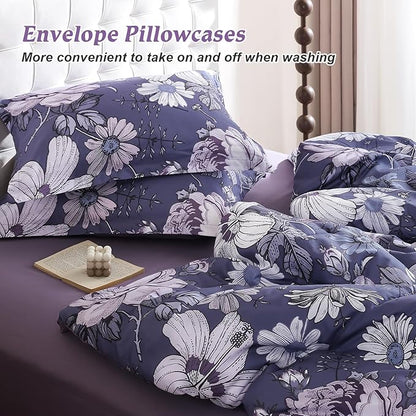 Luxudecor King Comforter Set 7 Pieces Bedding Sets,Grayish Purple Floral Comforter and Sheet Set,Soft Microfiber Bed in a Bag for All Seasons (Grayish Purple,104"x90")