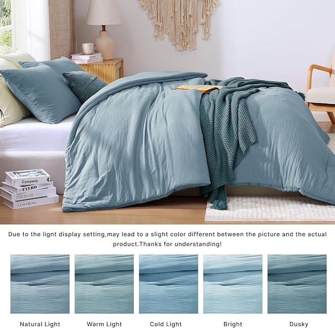 WRENSONGE Full Size Comforter Sets - 3 Pieces Dusty Blue Comforter Prewashed Soft Lightweight for All Seasons, Fluffy Down Alternative Comforter Full Size with 2 Pillow Shams