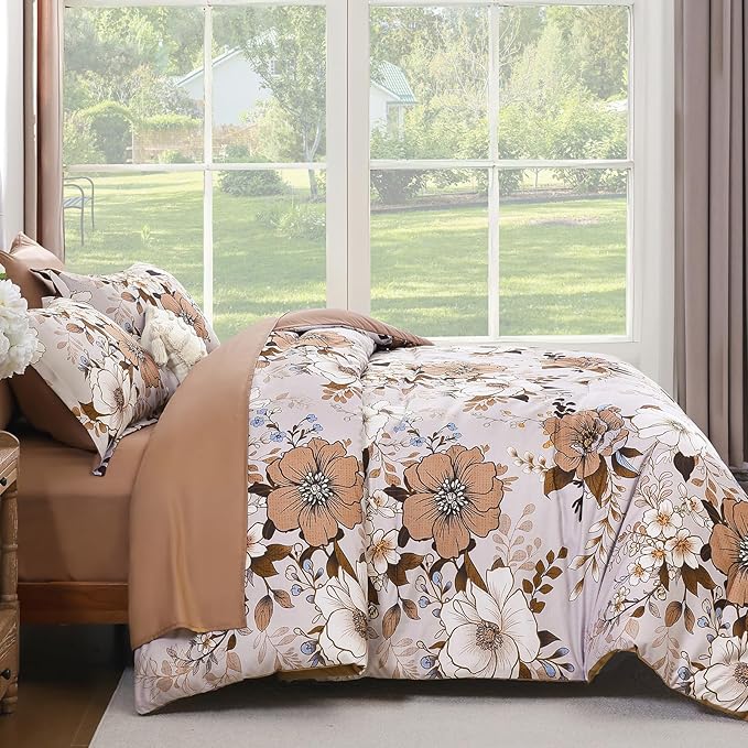 Xruibed Brown Floral Comforter Set King Size 7 Pieces Bed in a Bag Flower Comforter Set with Sheet, Pillowcases, Pillowshams, Soft Microfiber Bedding Set for All Season (King 104''x90'')