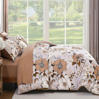 Xruibed Brown Floral Comforter Set King Size 7 Pieces Bed in a Bag Flower Comforter Set with Sheet, Pillowcases, Pillowshams, Soft Microfiber Bedding Set for All Season (King 104''x90'')