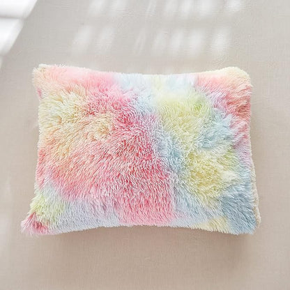 Flysheep Luxury Faux Fur Shaggy Fluffy Comforter Set Full/Queen Size Colorful Rainbow Long Hair, 3 Pieces Plush Flannel Sherpa Backing Reversible Soft Microfiber Bedding Set Super Warm for Winter