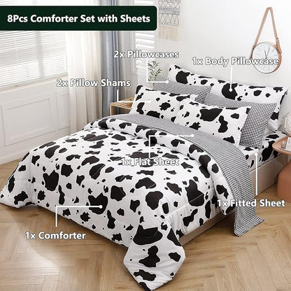 SUCSES Cow Print Queen Comforter Set with Sheets 8Pcs Bed in A Bag Queen Size Bedding Set Geometric Black and White Duvets for All Season