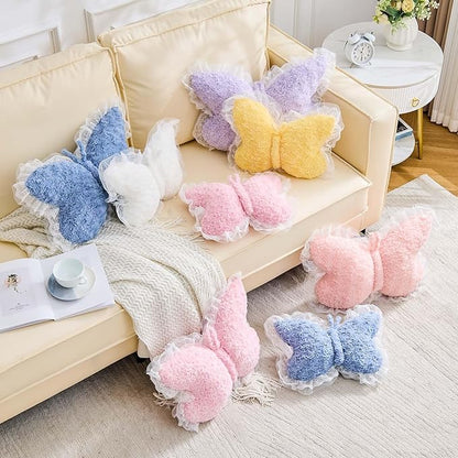 Butterfly Pillow Dusty Blue Decorative Pillows 20" Butterfly Shaped Cute Throw Pillows with Lace Aesthetic Bow Plush Cushion for Room Decor Bed Sofa Couch