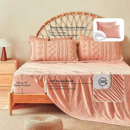 MR&HM Twin XL Comforter Set Coral Pink, 5 Pieces Tufted Boho Beddding Sets, Farmhouse Style Bed in a Bag with 1 Comforter, 1 Pillow Sham, 1 Pillowcase, 1 Flat Sheet, 1 Fitted Sheet for College Dorm