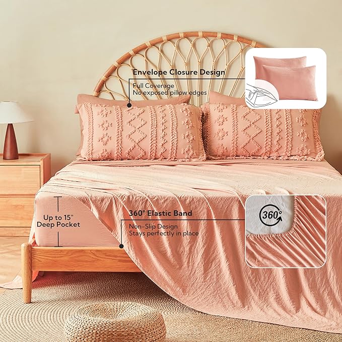 MR&HM Queen Comforter Set Coral Pink, 7 Pieces Tufted Boho Beddding Sets, Farmhouse Style Bed in a Bag with 1 Comforter, 2 Pillow Shams, 2 Pillowcases, 1 Flat Sheet, 1 Fitted Sheet for All Seasons