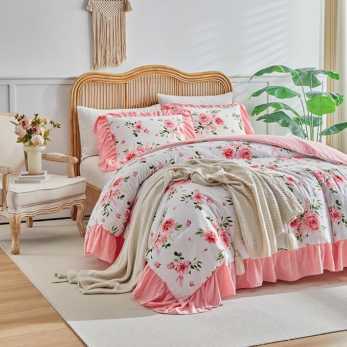 Flower Comforter Set Twin Size 68 * 86in - White Pink Floral with Green Leave Style -3 Pieces Shabby Chic Farmhouse Bedding with Ruffled Fringe Rustic Lightweight Fluffy Ruffle Comforter with Shams