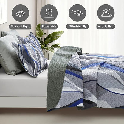 weesire Classic Line Pattern Bedding Quilt King Size Modern Grey Blue and White Stripe Quilt with 2 Shams, Gray and Blue Comforter Sets Lightweight Breathable Bedspreads Coverlet, 96''x106''