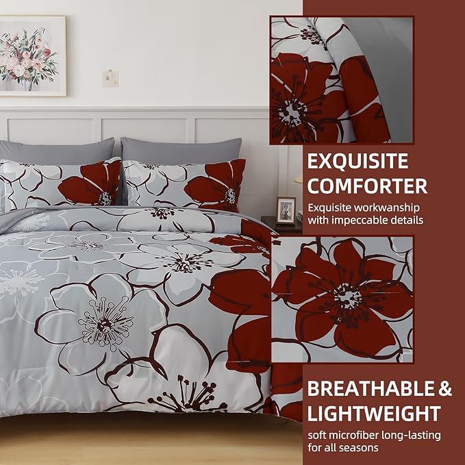 Anibedding 7Pieces Red Floral Comforter Set Queen Size, Soft Microfiber Red Grey Bed in a Bag Comforter Set with Sheets for All Season