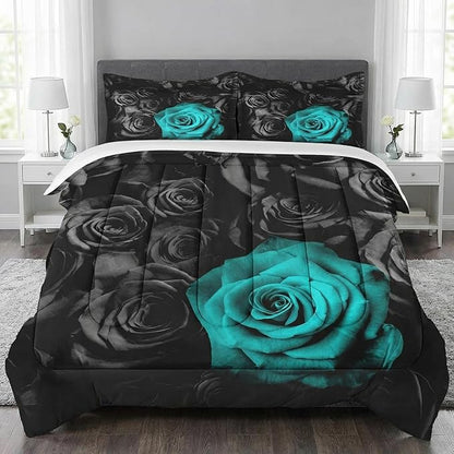 Full Size Comforter Set with 2 Pillowcases, Cyan Rose Flower 3 Pcs Bedding for Kids and Adults, Summer Vintage Floral Soft Comforter Set for Bedroom Bed Decor