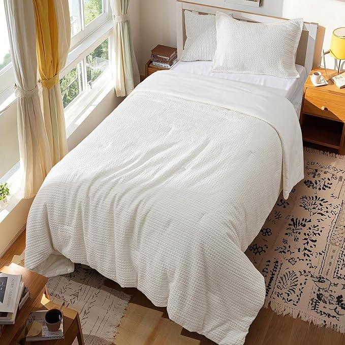 PHF Soft Waffle Comforter Set Twin Size- Comfy Breathable Waffle Weave Comforter with 1 Pillow Shams, 2 Pieces Less Snagging Lightweight Textured Bedding Set for All Season, Cream
