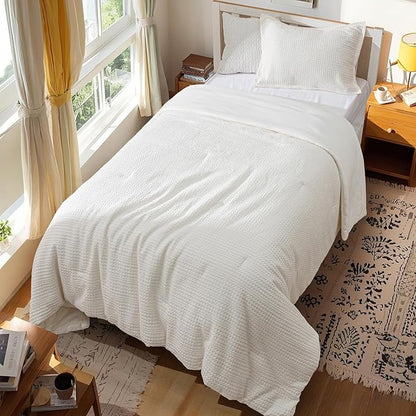 PHF Soft Waffle Comforter Set Twin Size- Comfy Breathable Waffle Weave Comforter with 1 Pillow Shams, 2 Pieces Less Snagging Lightweight Textured Bedding Set for All Season, Cream
