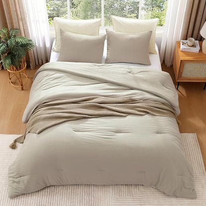 WRENSONGE King Size Comforter Set - 3 Pieces Light Oatmeal Comforter Prewashed Soft Lightweight for All Seasons,Fluffy Down Alternative Comforter King Size with 2 Pillow Shams