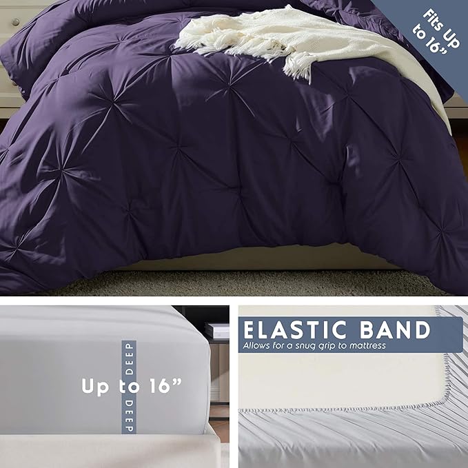 Nestl Twin XL Comforter Set 5 Piece - Pintuck Twin XL Bedding Set Purple, College Dorm Room Essentials with Sheets, Pillowcase and Sham