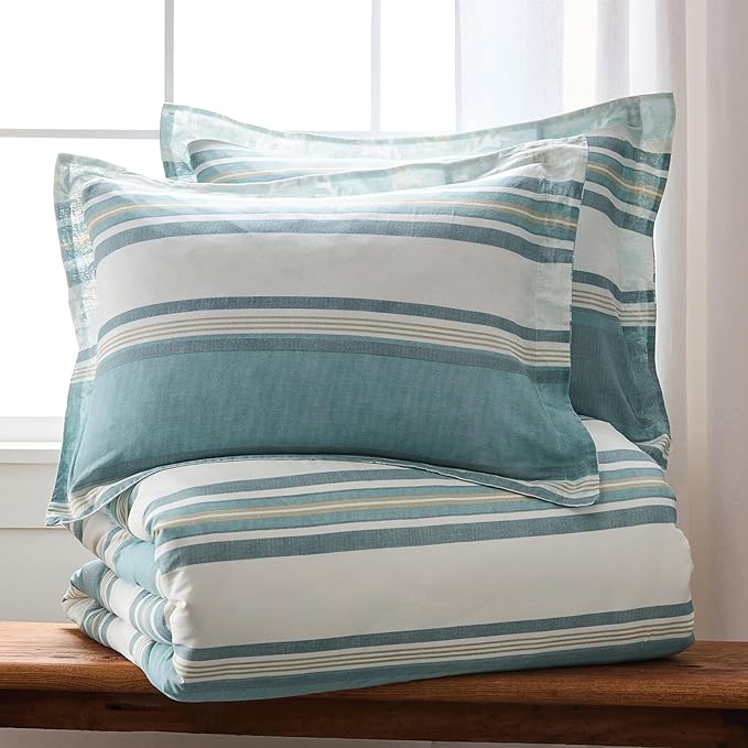 Levtex Home - Kailua Comforter Set - Full/Queen Comforter (90x94in.) + Two Standard Pillow Cases (20x26in.) - Stripe - Blue Teal Taupe Cream - Cotton