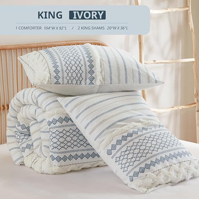 Ink+Ivy Comforter for King Size Bed, Chenille Tufted, Breathable Cotton Comforter Set King, All Season Modern Boho Comforter with Farmhouse Bedding Flare, 2 Matching Shams, King White/Navy 3 Piece