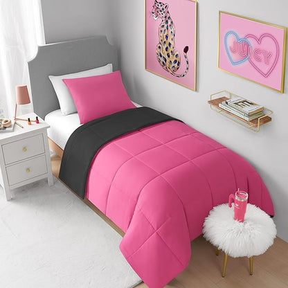 Juicy Couture Reversible Box Stitch Comforter Set, 3-Piece Full/Queen – Hot Pink/Black – Glam Bedding Set