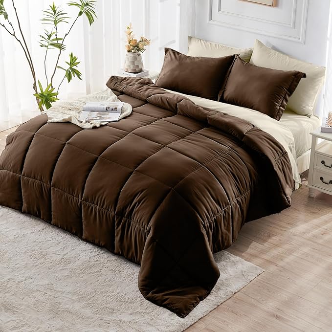 JOLLYVOGUE Twin XL Comforter Set, Ultra-Soft Bed in a Bag Twin XL Size 5 Pieces, Oeko-TEX Certified Bedding Set with Down Alternative Comforter, Sheets, Pillowcases & Shams, Brown & Beige