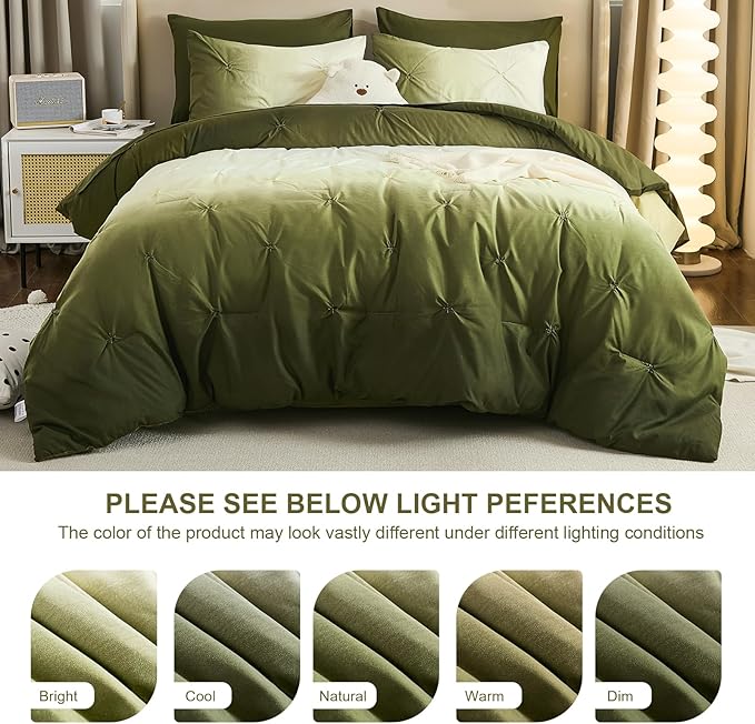 Dinjoy Ombre Comforter Set Twin Size, 5-Piece Bed in a Bag for Kid Teen, Pintuck Colorful Rainbow Bedding Sets with Comforter, Flat Sheet, Fitted Sheet and Pillowcases & Shams, Green