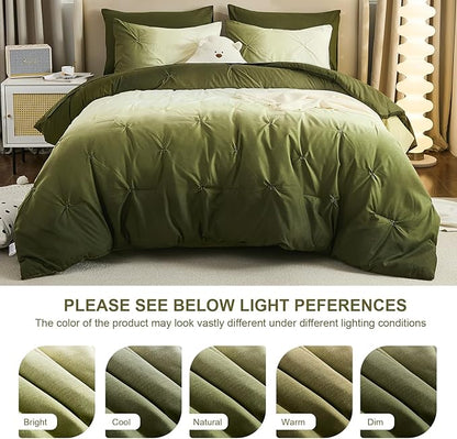 Dinjoy Ombre Comforter Set Full Size, 7-Piece Bed in a Bag for Kid Teen, Pintuck Colorful Rainbow Bedding Sets with Comforter, Flat Sheet, Fitted Sheet and Pillowcases & Shams, Green