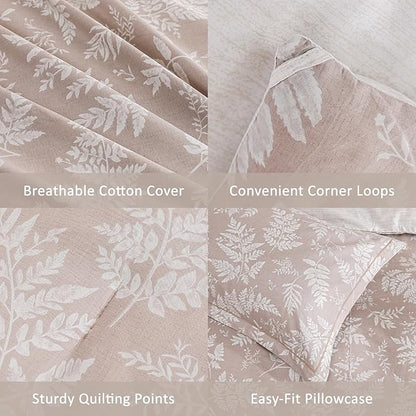 Natural Cotton 3pcs Botanical Comforter Sets Queen Size-Dusty Pink Comforter with Luxurious White Leaves & Branches, Reversible Lightweight Beige Bedding Sets(Full/Queen)