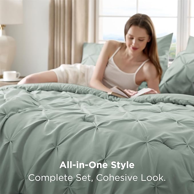 Bedsure Oversized King Comforter Set Sage Green - Bed in a Bag Bedding Set 7 Pieces, GentleSoft™ Pintuck Bed Set Gift for Family, Pinch Pleat Sage Green Comforter with Sheets, Pillowcases & Shams