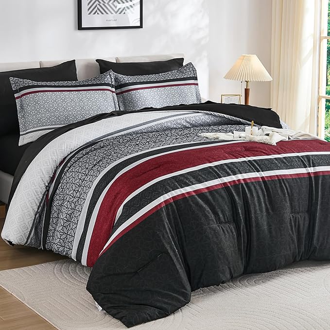 WONGS BEDDING 7 Pieces Comforter Set King Size, Black-red Striped Bed in a Bag Comforter and Sheet Set, Black Boho Soft Lightweight Micorfiber Bedding Set for All Season (90"×104")