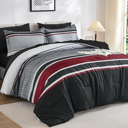 WONGS BEDDING 7 Pieces Comforter Set King Size, Black-red Striped Bed in a Bag Comforter and Sheet Set, Black Boho Soft Lightweight Micorfiber Bedding Set for All Season (90"×104")