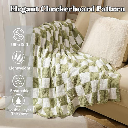 MorroMorn Checkered Blanket for Couch Bed Sofa Chair, Green Throw Blanket 2-Layers Soft Cozy Fleece Plaid Blankets Checkerboard Grid - Fluffy Fuzzy Plush Warm Home Decor, 60x80 inches