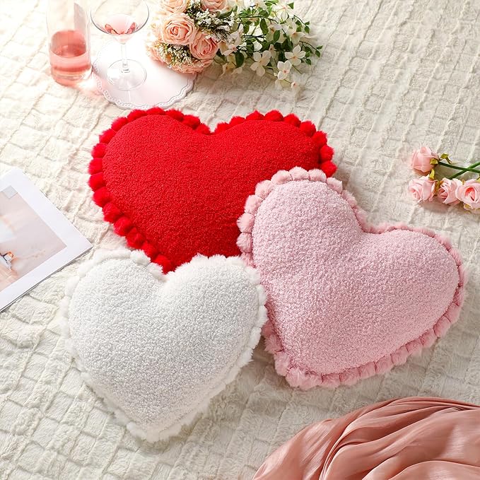 Bucherry 3 Pcs Valentine's Day Heart Throw Pillows, Red White Pink Heart Pillow Soft Decorative Back Cushion for Girls Women Bed Sofa Valentines Wedding Gifts Home Decor(Teddy Velvet,Ruffed Style)
