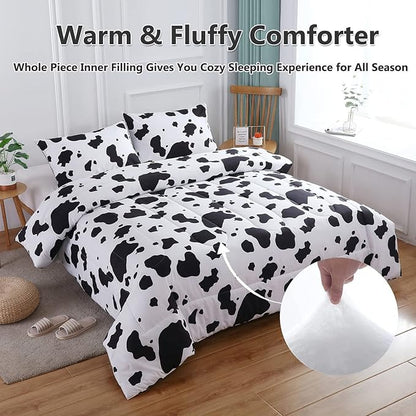PERFEMET 3Pcs Cow Print Comforter Set King Size Black and White Cute Geometric Cow Bedding Set Soft Reversible Plaid Grid Bed Quilted Set for Kids Teens Boys Girls