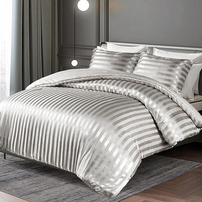 Whale Flotilla 3-Piece Reversible Silky Soft Queen Comforter Set, Luxury Stripe Satin Comforters Full Size Bedding Set with 2 Satin Pillowcases, Lightweight Duvet for All Seasons, Grey