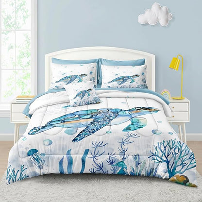 Ocean Themed Bedding Sets 6 Pieces Twin Bed in A Bag Teal Blue Turtle Sea Horse Animal Cartoon Pattern Beach Coastal Bedding Comforter