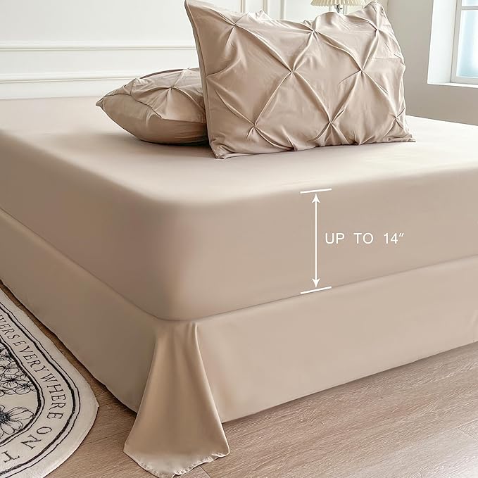 Maple&Stone Beige Comforter Set Queen, 7 Pieces Bed in a Bag Queen, Pintuck Bedding Sets with Comforter, Sheets, Pillowcases & Shams - Beige