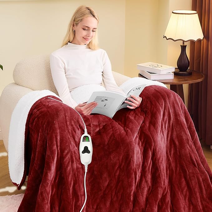 greenoak Heated Blanket Electric Full 72"X84", Heating Blanket with 10 Levels 1/2/4/6/8 Hours Auto-Off, Flannel Sherpa Soft Warm Heater Christmas Blanket,Red