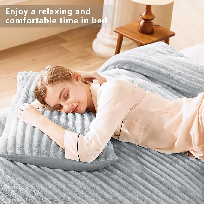 CozyLux Fluffy King Size Comforter Set - Super Soft Faux Fur Grey Comforter King Size, Winter Warm Fleece Bedding Set, 3 Pieces Plush Fuzzy Bed Set (1 Shaggy Comforter, 2 Pillowcases)