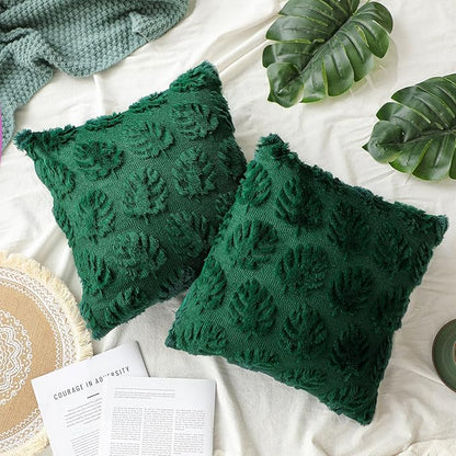 2 Pcs Tropical Palm Monstera Leaves Throw Pillow Covers 18 x 18 Inches Green Farmhouse Decorative Pillow Covers Soft Plush Faux Fur Wool Pillowcase for Bed Sofa Living Room